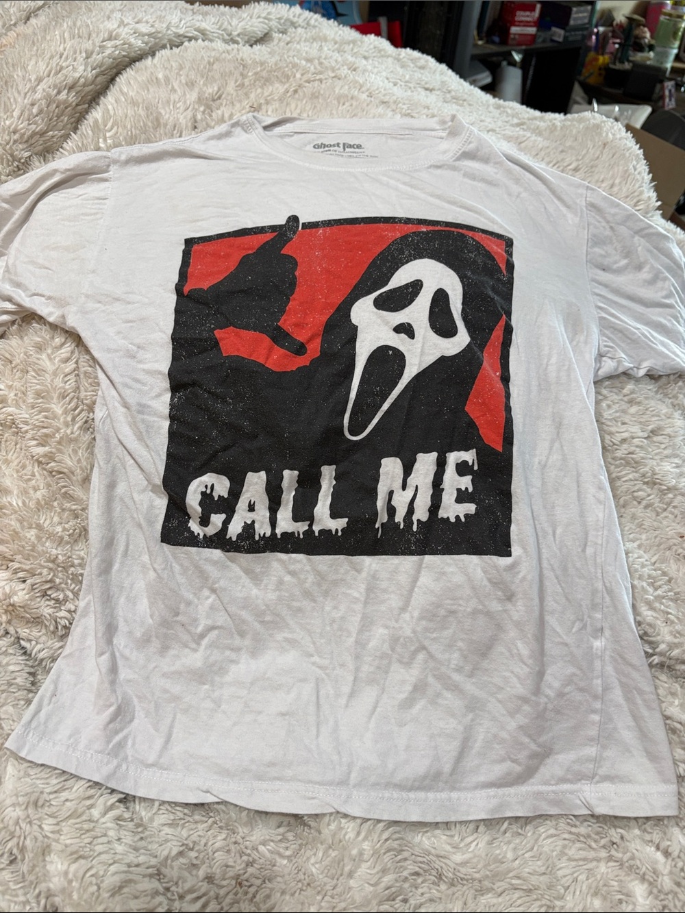 Bioworld White Tee with Black & Red Ghost Face "Call Me" Graphic